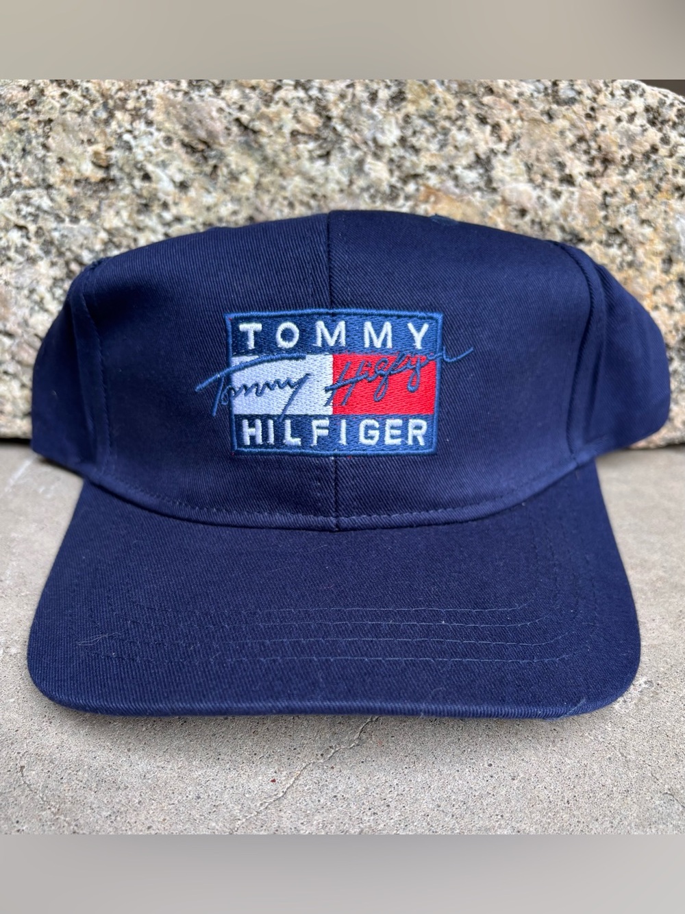 Vintage Tommy Hilfiger Navy Block Logo Script Strapback Hat NWT